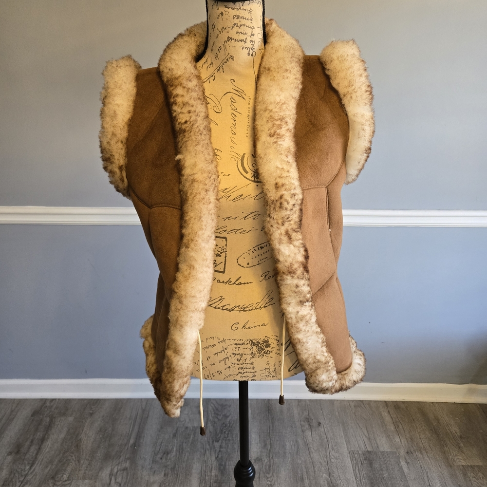 Tan Shearling Vest with Cream Trim